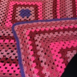 Vintage Crochet Granny Afghan Pink and Purple Square Blanket